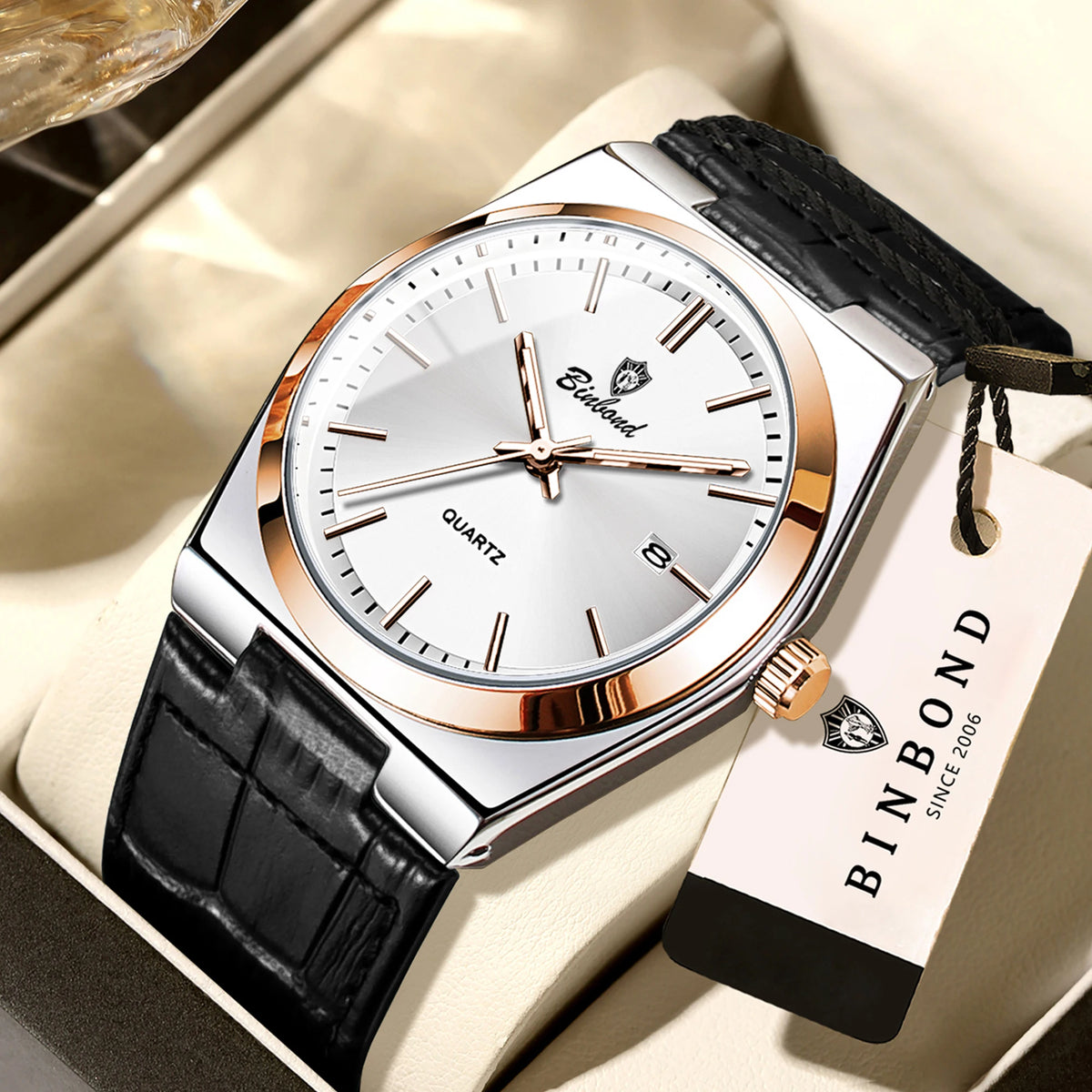 Orologio da polso al quarzo di lusso BINBOND da uomo – Impermeabile, luminescente, con data automatica – Stile professionale, sportivo, alla moda e casual – Cinturino in pelle