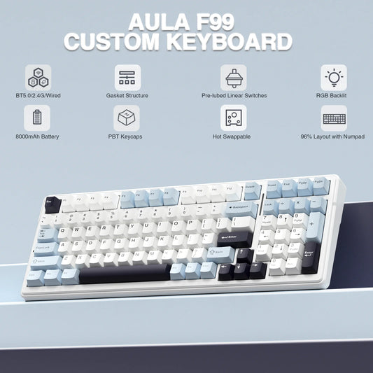 AULA F99 Mechanical Keyboard Bluetooth 5.0/2.4G Wireless/Wired Gasket-mounted Gaming Keyboard 99 Keys Customizable Keyboards