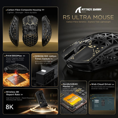 Ratón gaming inalámbrico ATTACK SHARK R5 ULTRA - sondeo 8K, sensor PAW3950MAX, 42,000 DPI, fibra de carbono ultraligera para esports profesionales
