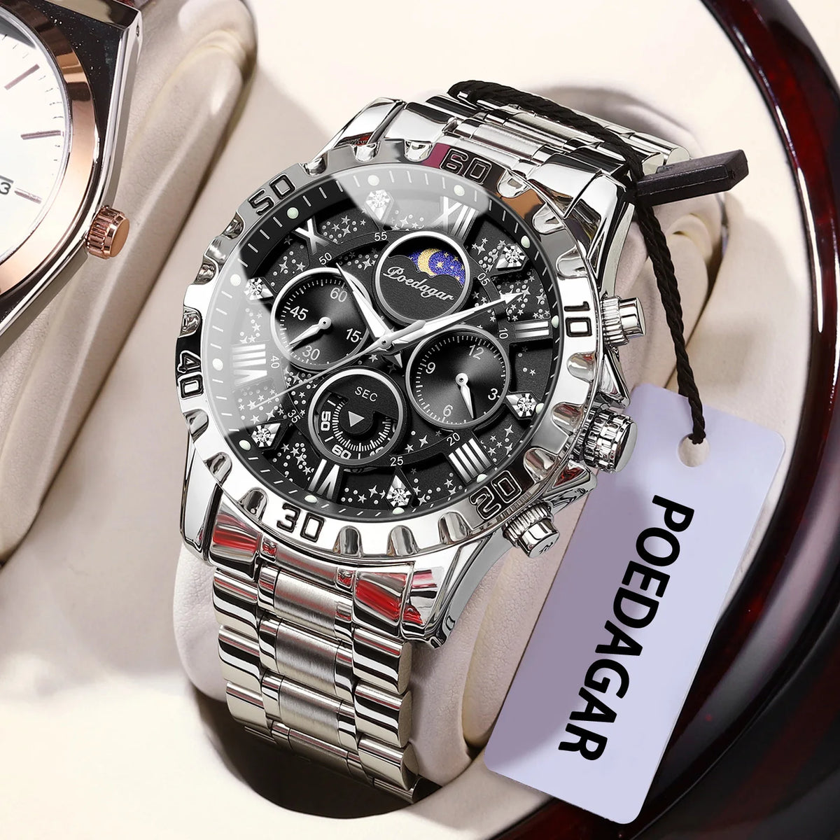 Montre homme de luxe POEDAGAR, étanche, lumineuse, en acier inoxydable, à quartz, chronographe, style militaire.