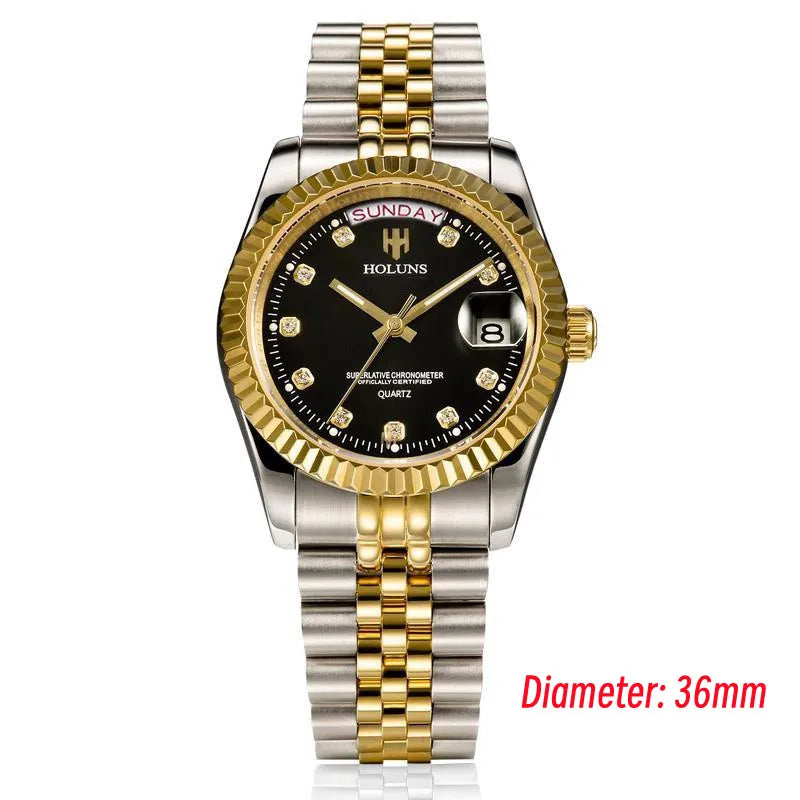 Holuns Luxury Classic 36/41 mm-es arany férfi karóra, japán MIYOTA kvarc szerkezet, rozsdamentes acél, klasszikus üzleti karóra, vízálló
