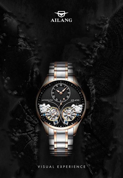 AILANG brandneue modische Double-Tourbillon-Uhr für Herren, Luxus-Edelstahl, wasserdicht, automatisch-mechanische Herrenuhr