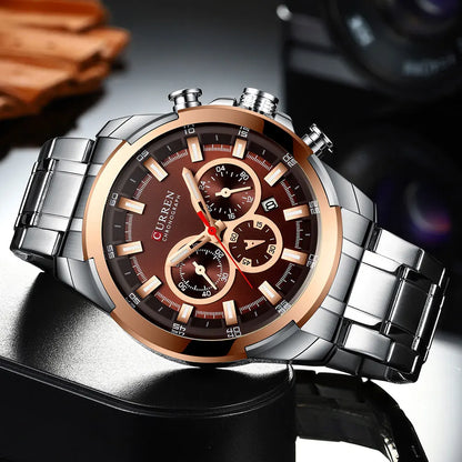 CURREN men’s chronograph watch, large 48 mm dial, stainless steel bracelet, three sub-dials, quartz sports wristwatch, luxurious style