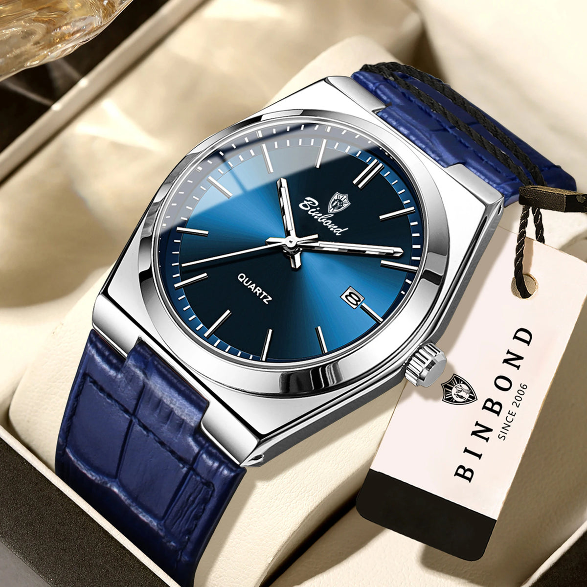 Orologio da polso al quarzo di lusso BINBOND da uomo – Impermeabile, luminescente, con data automatica – Stile professionale, sportivo, alla moda e casual – Cinturino in pelle