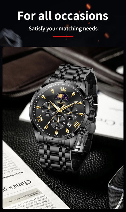 OLEVS 3653 Men’s Quartz Chronograph Watch  Moon Phase, Luminous, Date Display, Stainless Steel & 30M Waterproof