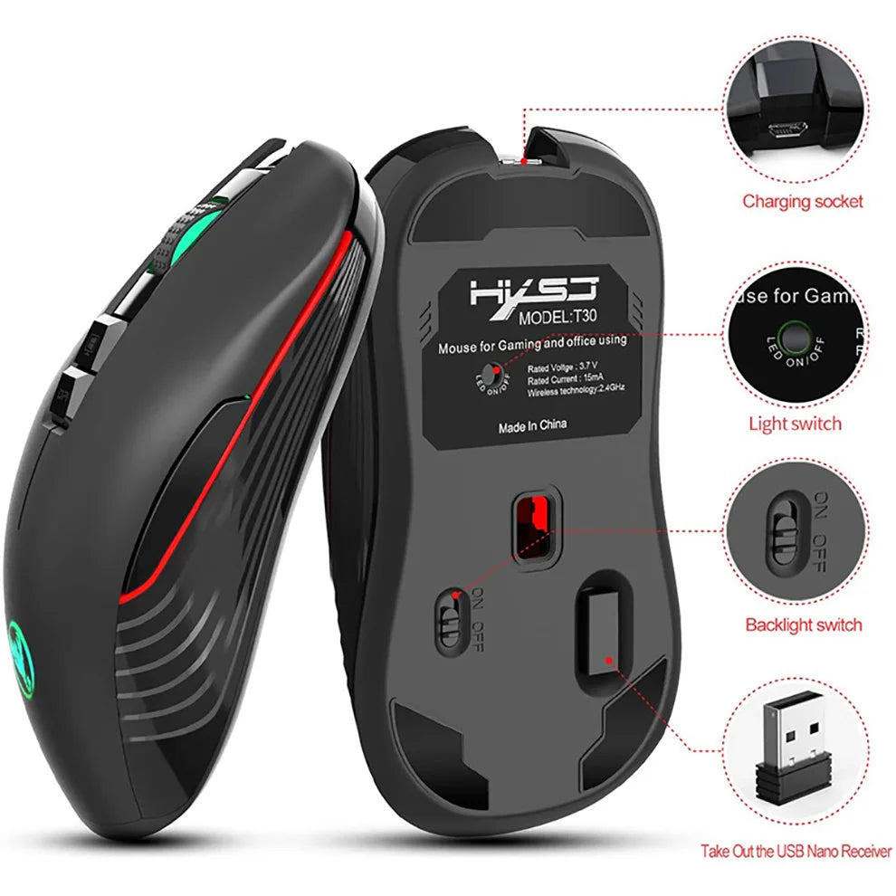Mouse da gaming wireless 2.4G USB-C ricaricabile 3600DPI a 7 pulsanti, mouse silenzioso Type-C per MacBook, laptop, PC e computer da gioco