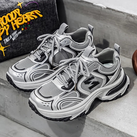 Unisex Trendy Chunky Dad Sneakers Silver Black Retro Couple Breathable Mesh Casual Platform Shoes