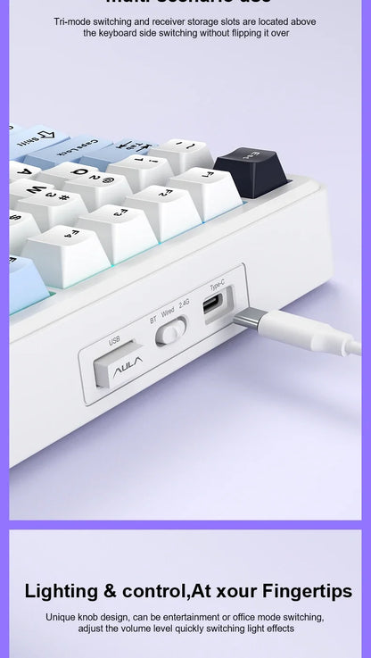 Teclado mecánico gaming AULA F75 MAX 2.4G inalámbrico/BT/con cable, Hot-Swap RGB, 75%, 81 teclas, teclado de oficina con pantalla TFT