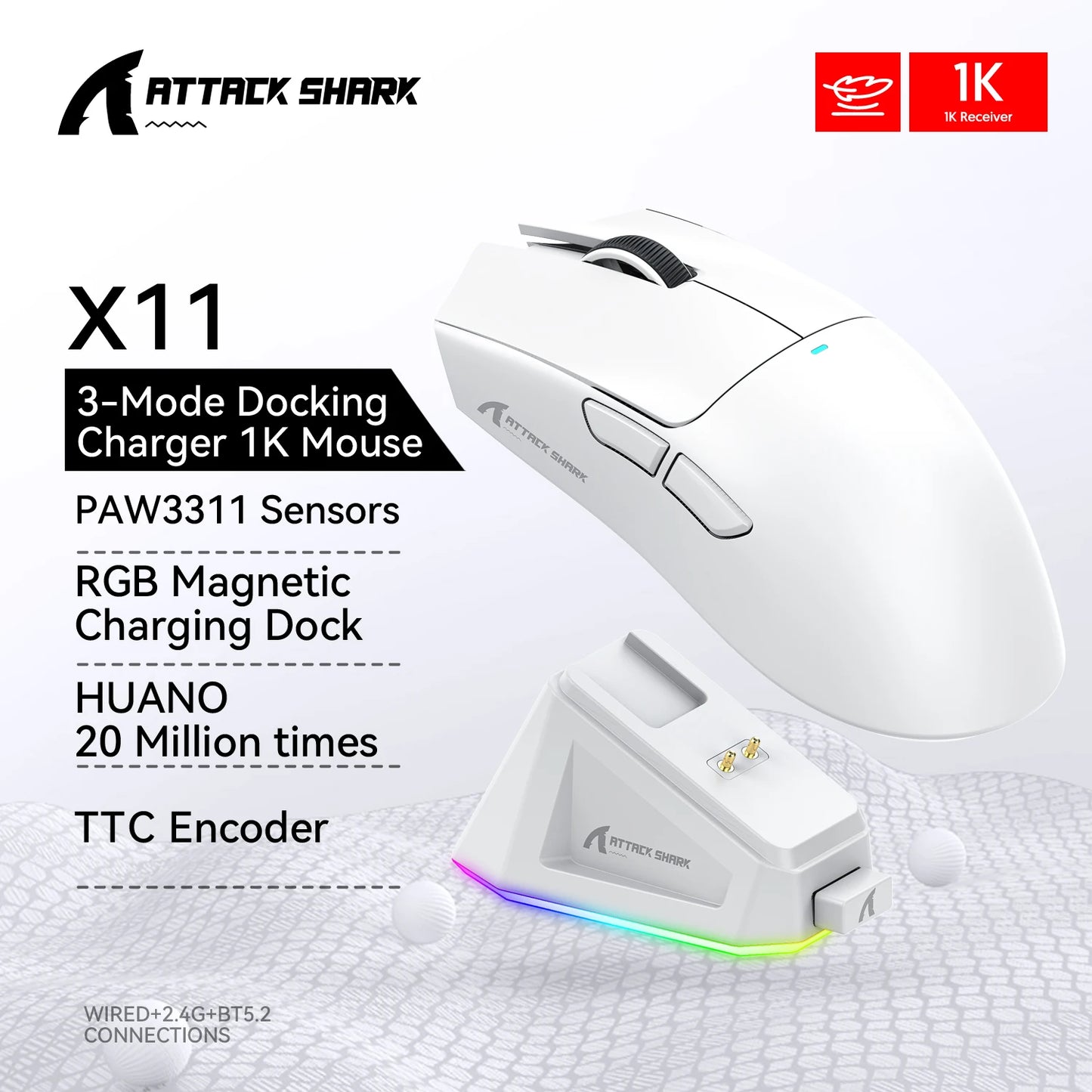 Attack Shark X11&R1 Tri-Mode Bluetooth trådløs mus med opladningsbase, RGB, ergonomisk letvægtsmus, PC-gamer-tilbehør