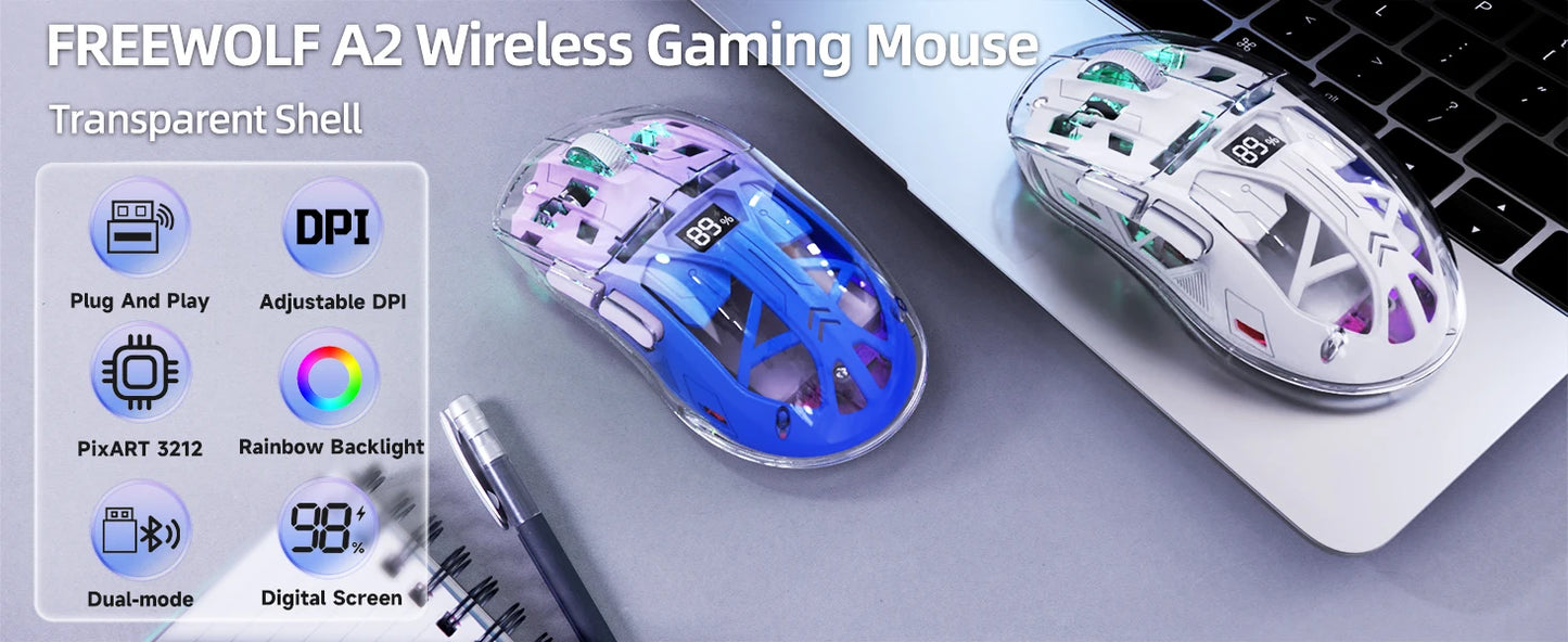 A2 transparent trådløs gamingmus, BT 5.0/2.4G genopladelig RGB-mus til PC med digital skærm, PixArt 3212, 5 justerbare DPI