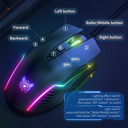Drátová herní myš ONIKUMA, 6 úrovní nastavení, 6400 DPI, 7 programovatelných tlačítek, 7 režimů RGB osvětlení, ergonomická myš pro PC hráče