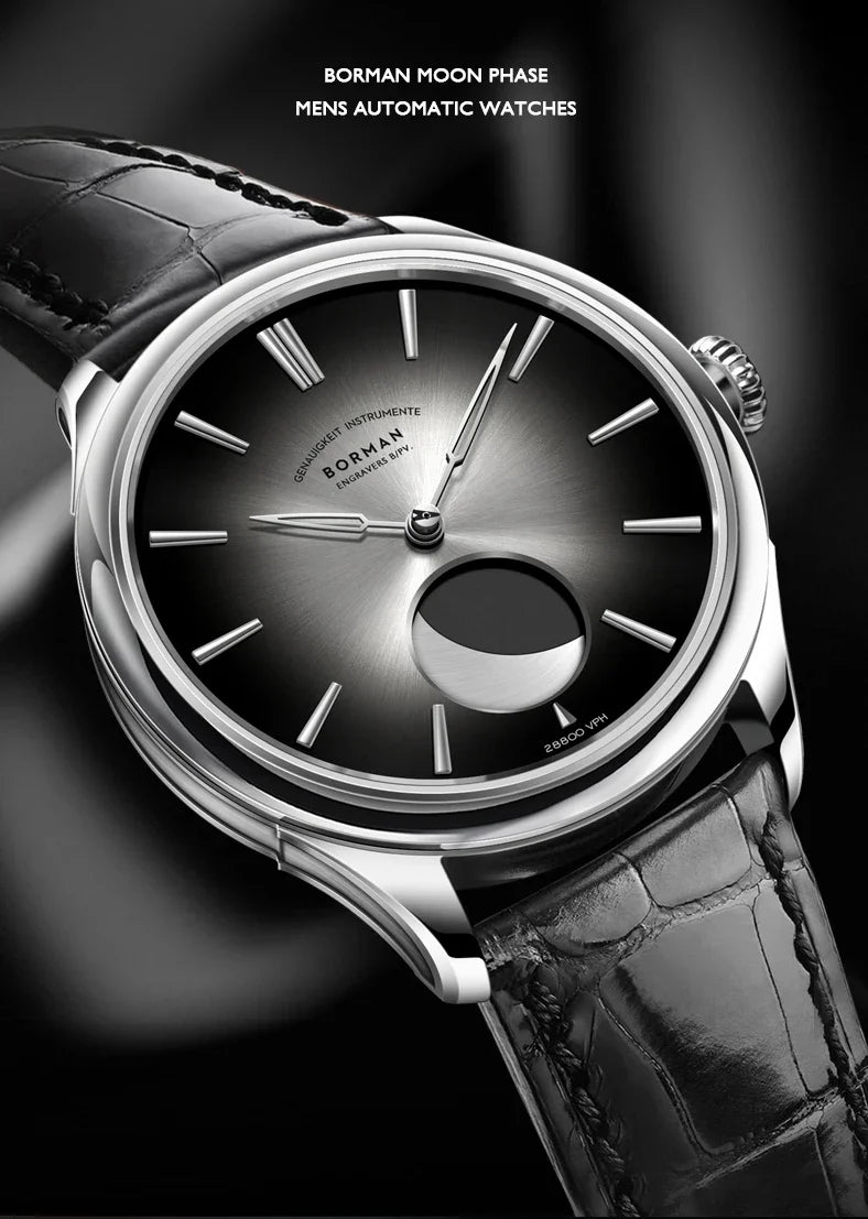 Borman Mens Automatic Watches Luxury Moon Phase Male Watch Mechanical Wristwatch Fashion 50M Waterproof Sapphire Leather Strap