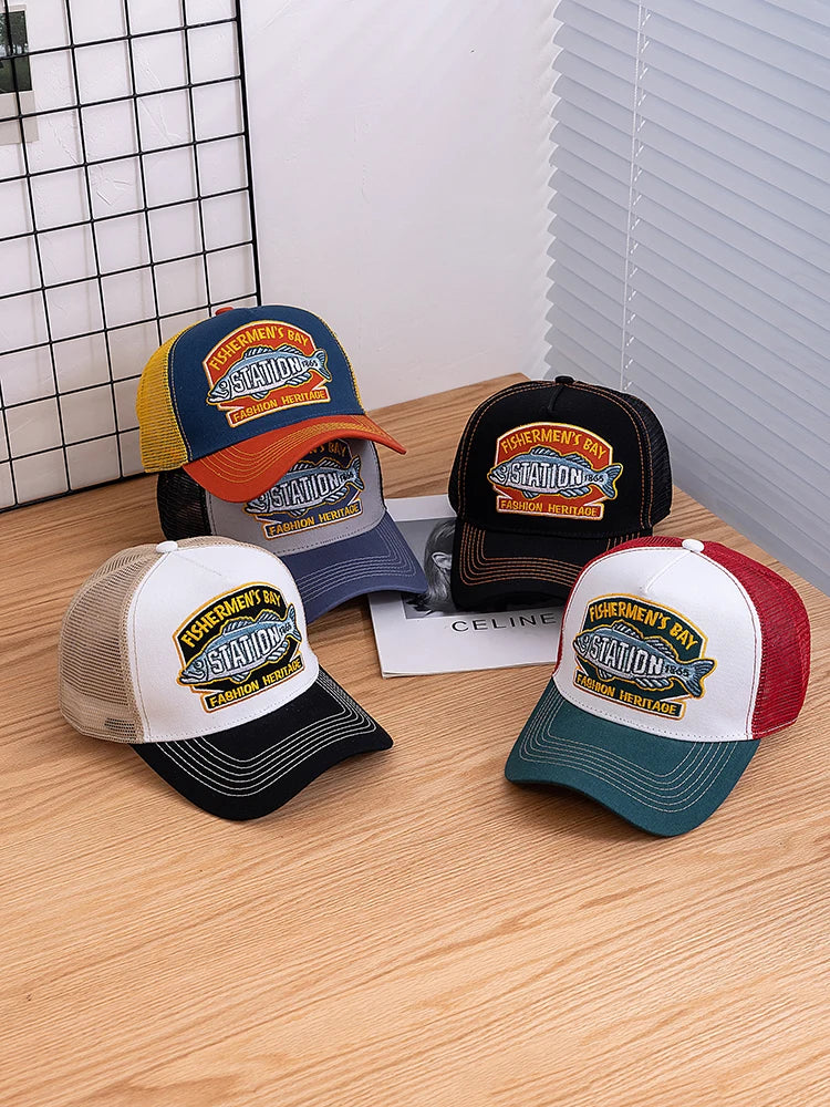 Unisex Summer Fishing Cap Breathable Mesh Trucker Hat Men Women Big Fish Fisherman Embroidered Snapback Hat Outdoor Fishing