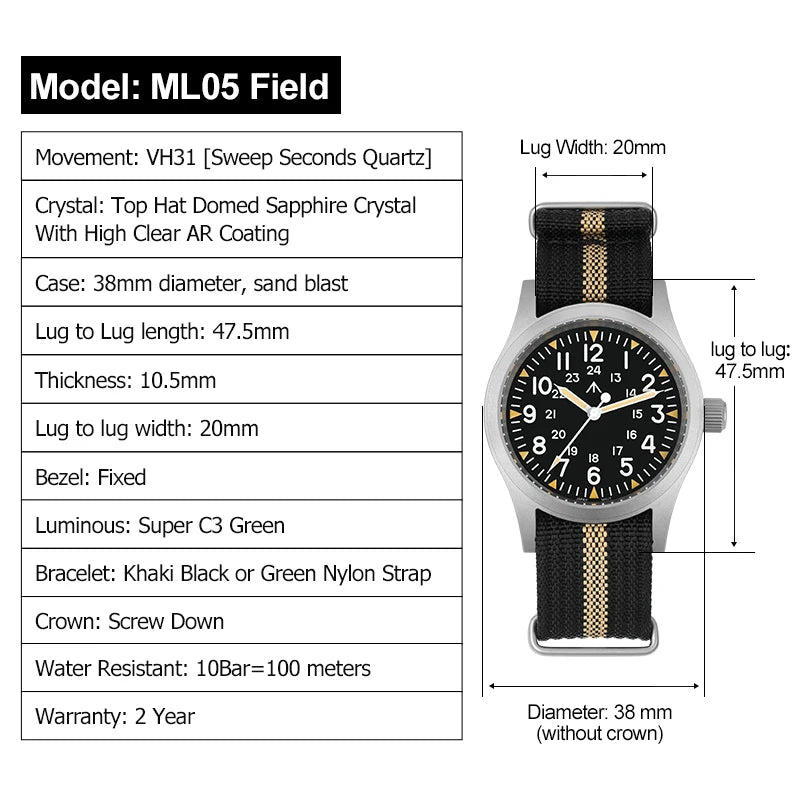 Militado ML05 Vintage Field Watch  VH31 Sweep Quartz Movement, Domed Sapphire Crystal, 38mm, Luminous & 100M Waterproof