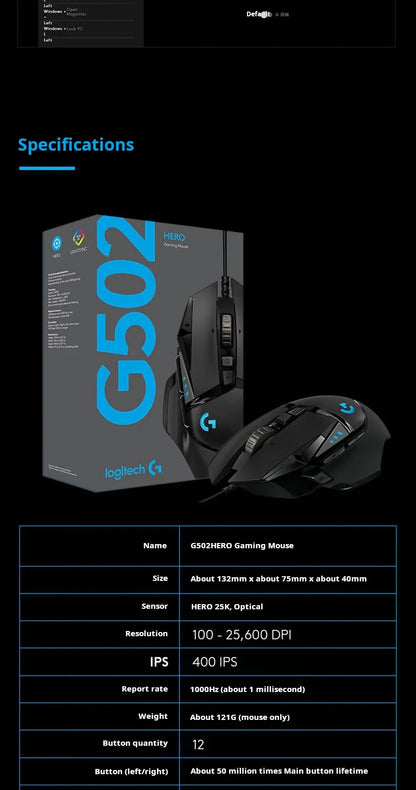 Herní myš Logitech G502 HERO s kabelem, e-sportovní mechanická myš s RGB osvětlením a nastavitelným vyvážením pro „Eat Chicken“, programovatelná makra