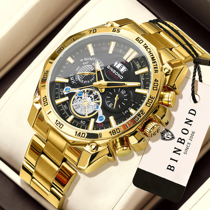 BINBOND luxury quartz watches for men: luminous, water-resistant, with automatic date display, accurate and durable, in a sporty and business style.