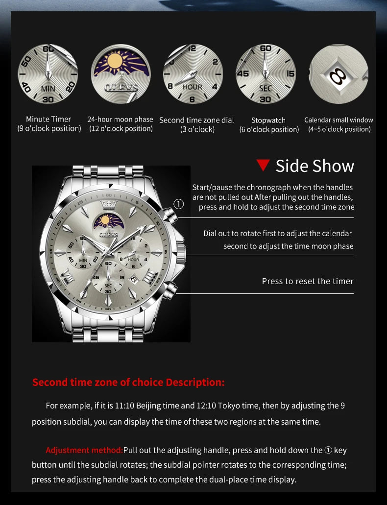OLEVS 3653 Men’s Quartz Chronograph Watch  Moon Phase, Luminous, Date Display, Stainless Steel & 30M Waterproof