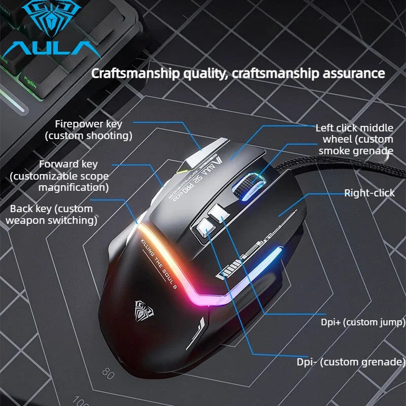 Hot Sale AULA S12 Pro Wired Gaming Mouse 12800 DPI RGB Backlit 8 Programmable Buttons Ergonomic Game Mouse for PC Laptop