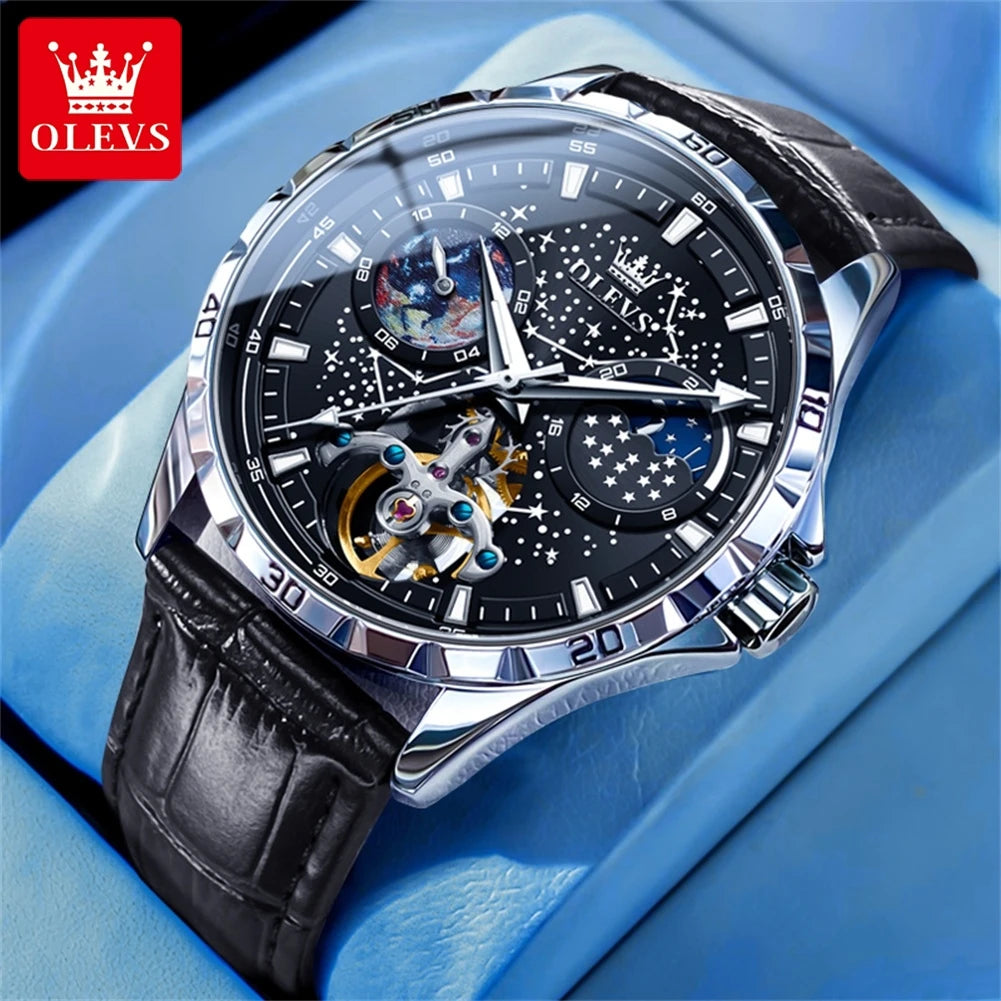 OLEVS Men’s Flywheel Skeleton Automatic Watch Starry Sky Dial, Luminous Mechanical Movement & Waterproof Business Wristwatch