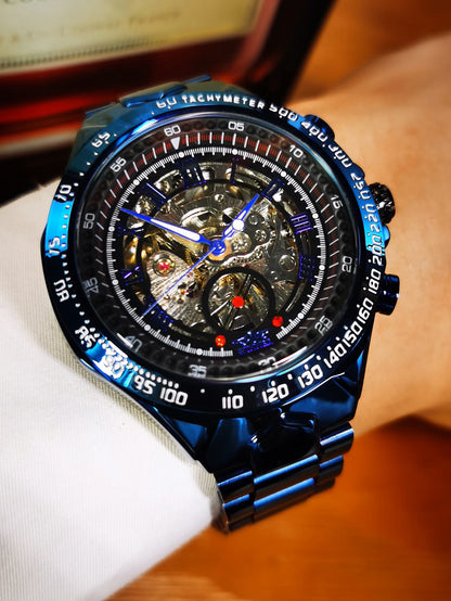 WINNER men’s automatic watch – Transparent skeletonised model, luminescent hands, stainless steel bracelet, luxury brand mechanical watch
