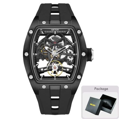 MEGIR mechanisch herenhorloge, tonvormig, opengewerkte skeletwijzerplaat, sportieve stijl, siliconen band, luxe automatisch horloge