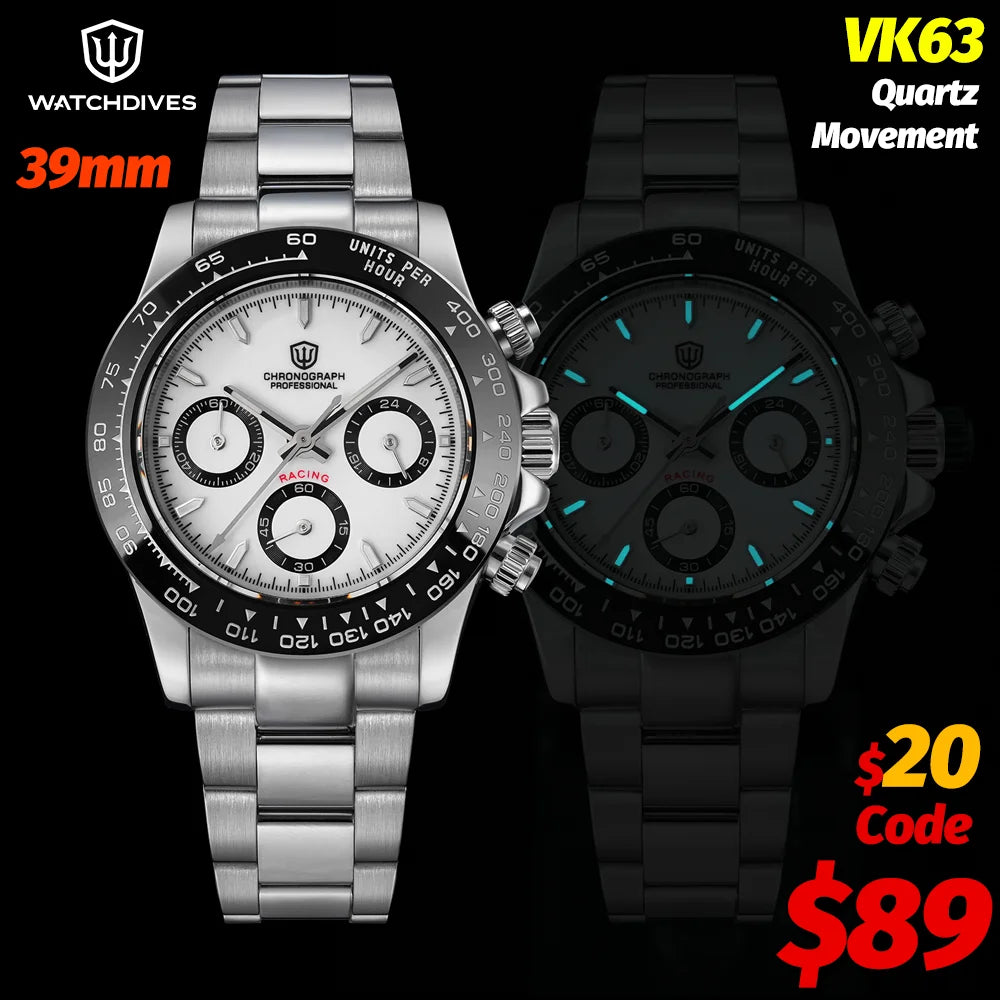 Watchdives WD16500 V2 Quartz Watch VK63 Sweep Sports Chronograph Watches Sapphire AR Coating BGW9 Luminous Waterproof Watches