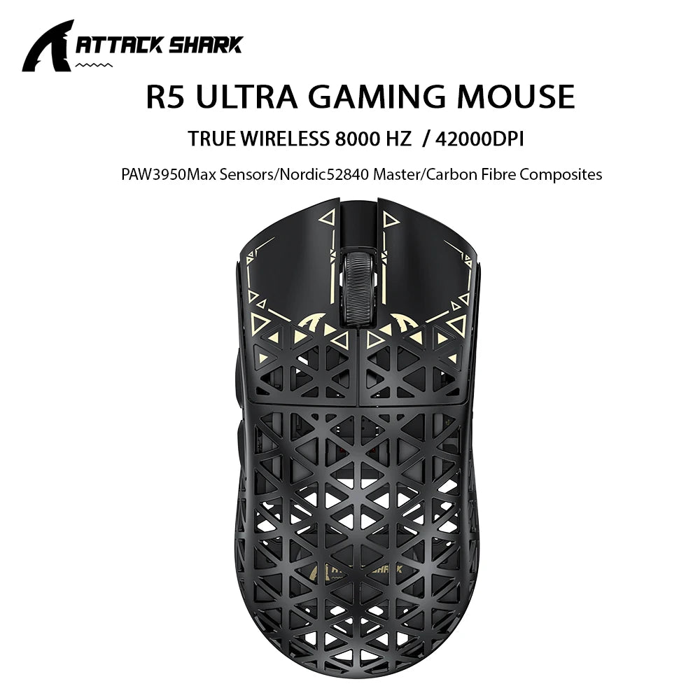 Ratón gaming inalámbrico ATTACK SHARK R5 ULTRA - sondeo 8K, sensor PAW3950MAX, 42,000 DPI, fibra de carbono ultraligera para esports profesionales
