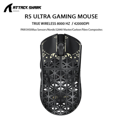Ratón gaming inalámbrico ATTACK SHARK R5 ULTRA - sondeo 8K, sensor PAW3950MAX, 42,000 DPI, fibra de carbono ultraligera para esports profesionales