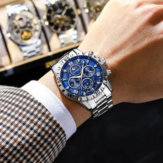 Montre pour homme POEDAGAR – Chronographe de luxe, étanche et luminescent, en acier inoxydable, style sportif et militaire, à mouvement à quartz