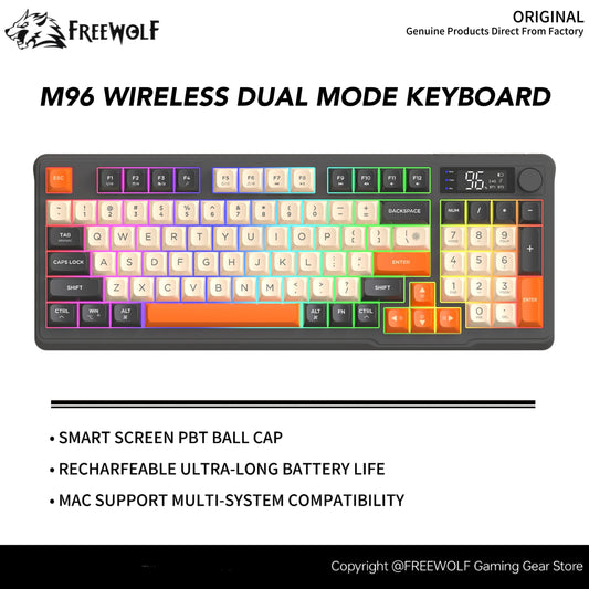 Teclado inalámbrico Bluetooth M96 FREEWOLF con pantalla digital, retroiluminación RGB, batería de 2000mAh y teclas PBT para PC/portátil