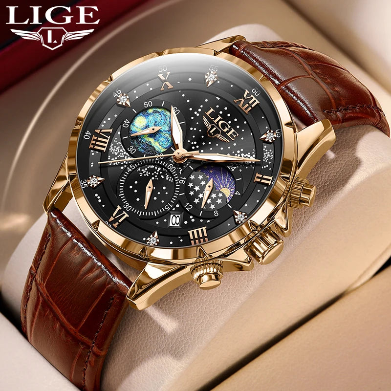 Montre pour homme LIGE – Montre à quartz de luxe, style décontracté, bracelet en cuir, idéale pour le travail ou le sport, étanche, avec date et chronographe.