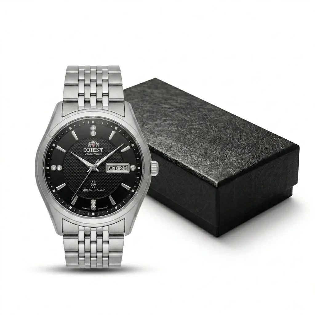 Montre mécanique automatique pour homme Orient, avec double calendrier (date et jour de la semaine), index en cristal et bracelet en acier inoxydable – Montre-bracelet de style professionnel