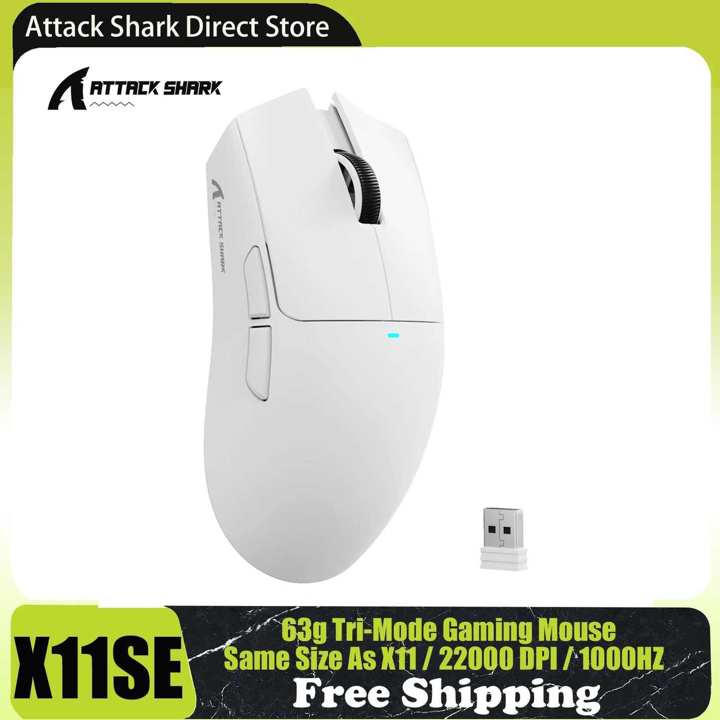 ATTACK SHARK X11SE trådløs gamingmus, tri-mode, 63g superlet med PAW3311-sensor, 22000 DPI, 300mAh batteri, dobbelt driver
