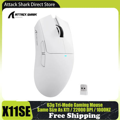 ATTACK SHARK X11SE trådløs gamingmus, tri-mode, 63g superlet med PAW3311-sensor, 22000 DPI, 300mAh batteri, dobbelt driver