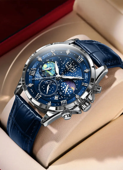 Montre pour homme LIGE – Montre à quartz de luxe, style décontracté, bracelet en cuir, idéale pour le travail ou le sport, étanche, avec date et chronographe.