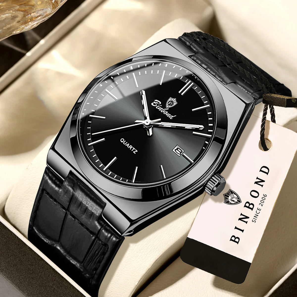 Orologio da polso al quarzo di lusso BINBOND da uomo – Impermeabile, luminescente, con data automatica – Stile professionale, sportivo, alla moda e casual – Cinturino in pelle