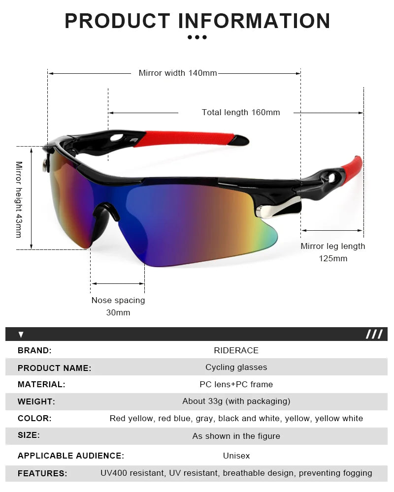 RIDERACE Sport férfi napszemüveg Országúti kerékpáros szemüveg Hegyi kerékpározáshoz Védőszemüveg Szemüveg MTB kerékpáros napszemüveg