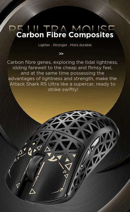 Ratón gaming inalámbrico ATTACK SHARK R5 ULTRA - sondeo 8K, sensor PAW3950MAX, 42,000 DPI, fibra de carbono ultraligera para esports profesionales
