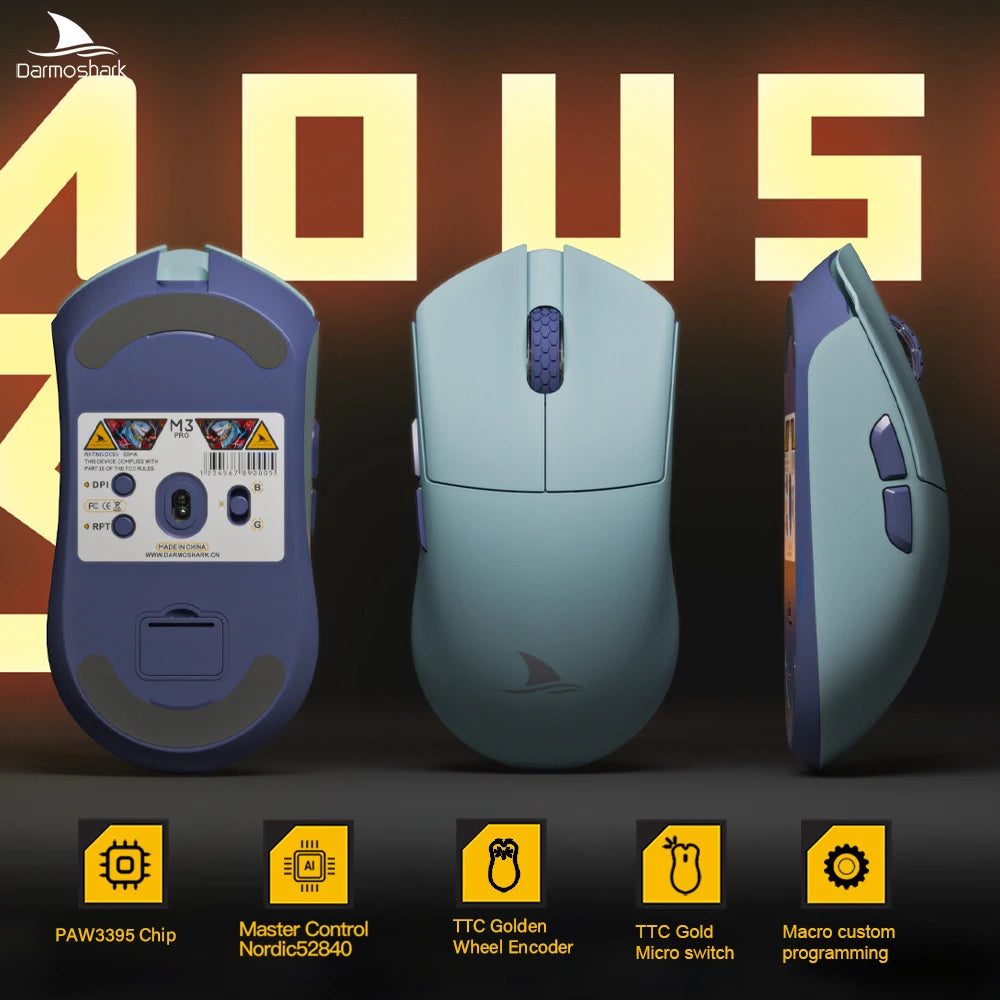 Геймърска мишка Darmoshark M3Pro 2.4G BT безжична Tri-Mode, сензор PAW3395, N52840, 26000DPI, за голяма ръка, макро драйвер, мишка за игри
