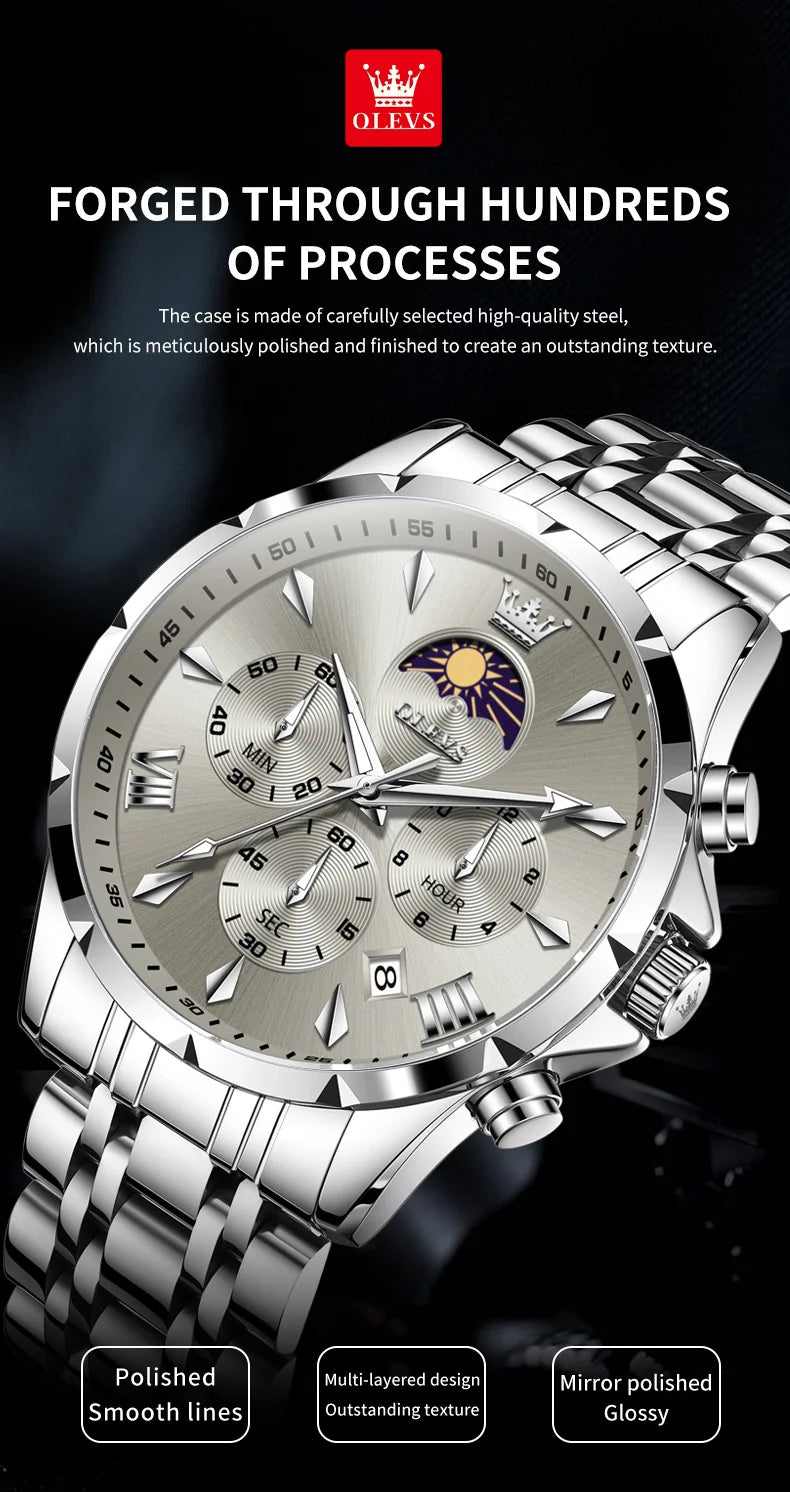 OLEVS 3653 Men’s Quartz Chronograph Watch  Moon Phase, Luminous, Date Display, Stainless Steel & 30M Waterproof