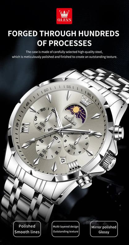 OLEVS 3653 Men’s Quartz Chronograph Watch  Moon Phase, Luminous, Date Display, Stainless Steel & 30M Waterproof