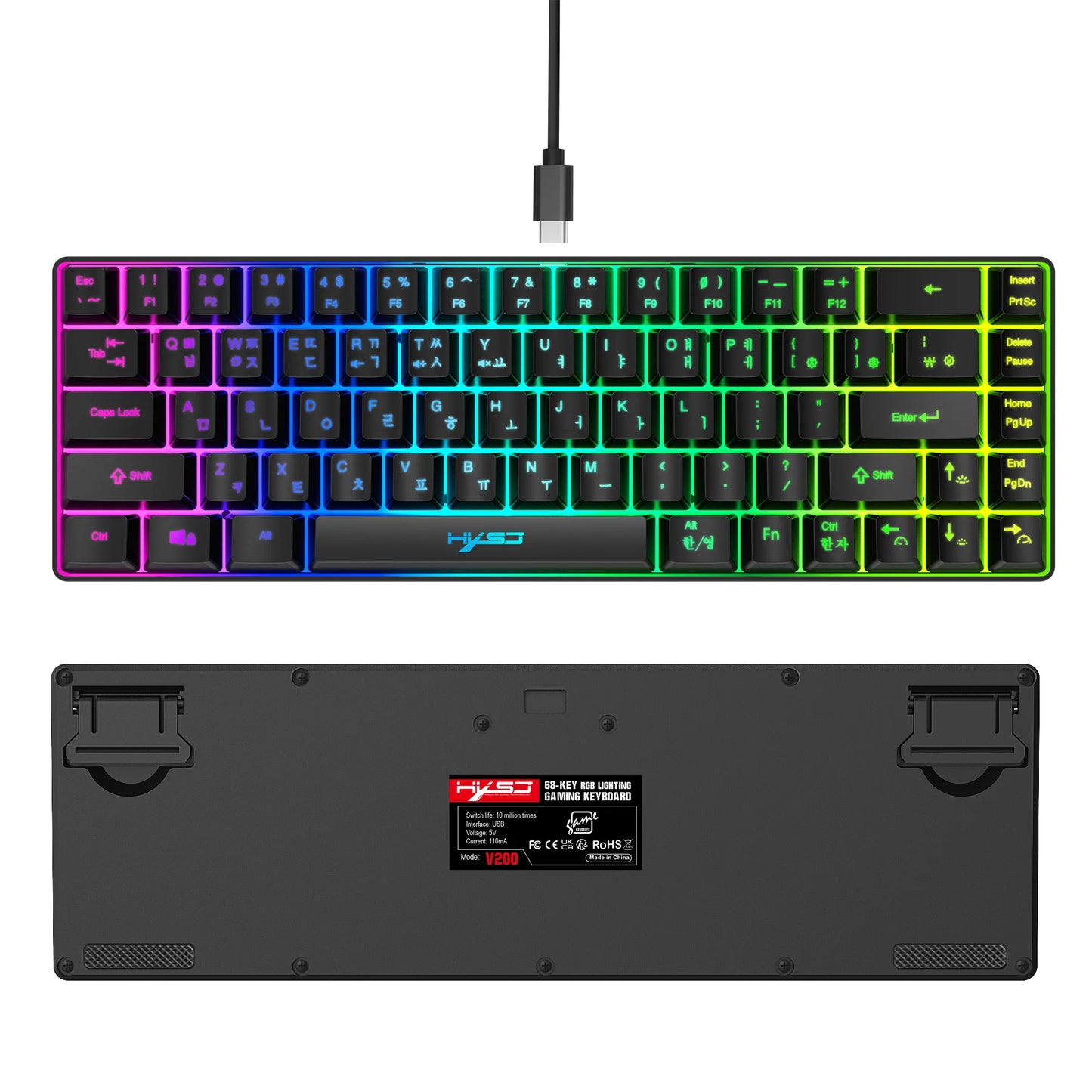Teclado gaming de 68 teclas USB com fios portátil, retroiluminação RGB 20, teclado coreano para portáteis e computadores Windows