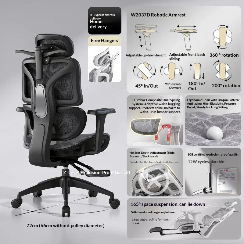 Ergonomisk kontorsstol i mesh med justerbart ländryggsstöd, svängfunktion, fällbart nackstöd och rullhjul – kontorsstol för hemmakontor och gamingstol