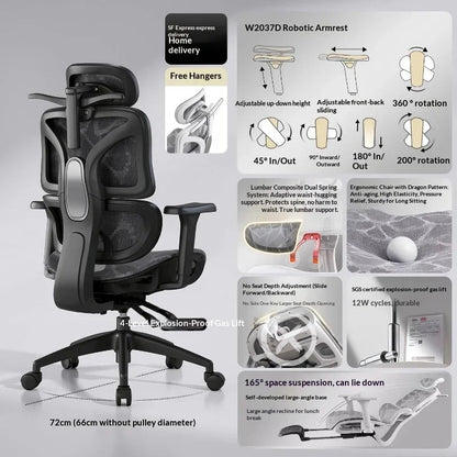 Ergonomisk kontorsstol i mesh med justerbart ländryggsstöd, svängfunktion, fällbart nackstöd och rullhjul – kontorsstol för hemmakontor och gamingstol