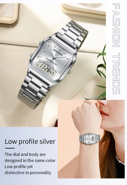 SANDA 747 Luxury Mens G Style Watches Stainless Steel Women LED Digital Dual Display Clock Unisex Waterproof Sports Quartz Watch