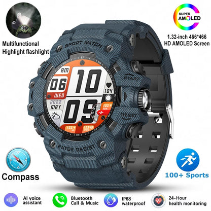New Military Sports Smart Watch Men 100+ Sports Outdoor Fitness Compass Heart rate BT Call Waterproof Smartwatch For iOS Android