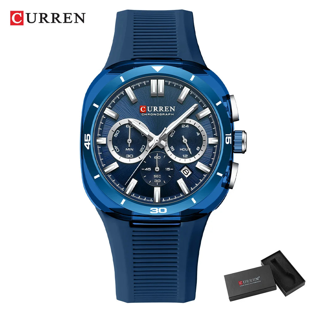 Reloj para hombre CURREN: nuevo modelo de lujo con mecanismo de cuarzo, correa de silicona, estilo deportivo, multifunción, resistente al agua, luminiscente, con indicador de fecha y cronómetro.