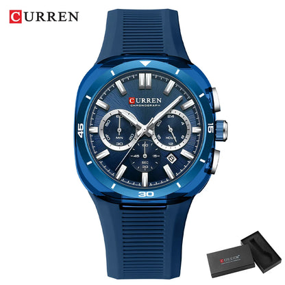 Reloj para hombre CURREN: nuevo modelo de lujo con mecanismo de cuarzo, correa de silicona, estilo deportivo, multifunción, resistente al agua, luminiscente, con indicador de fecha y cronómetro.