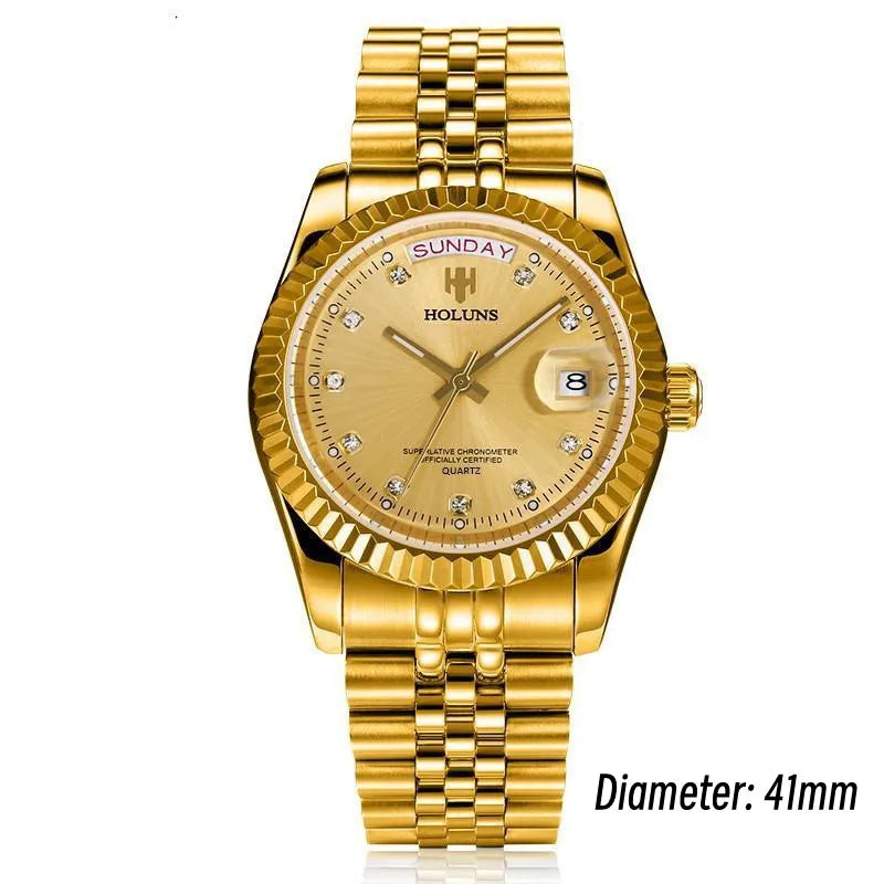 Holuns Luxury Classic 36/41 mm-es arany férfi karóra, japán MIYOTA kvarc szerkezet, rozsdamentes acél, klasszikus üzleti karóra, vízálló