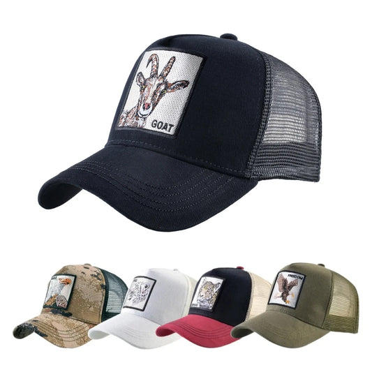 Modische Trucker-Caps mit besticktem Ziegen-Patch, Vier-Jahreszeiten-Snapback-Baseballcap für Herren und Damen, verstellbare Schirmmütze